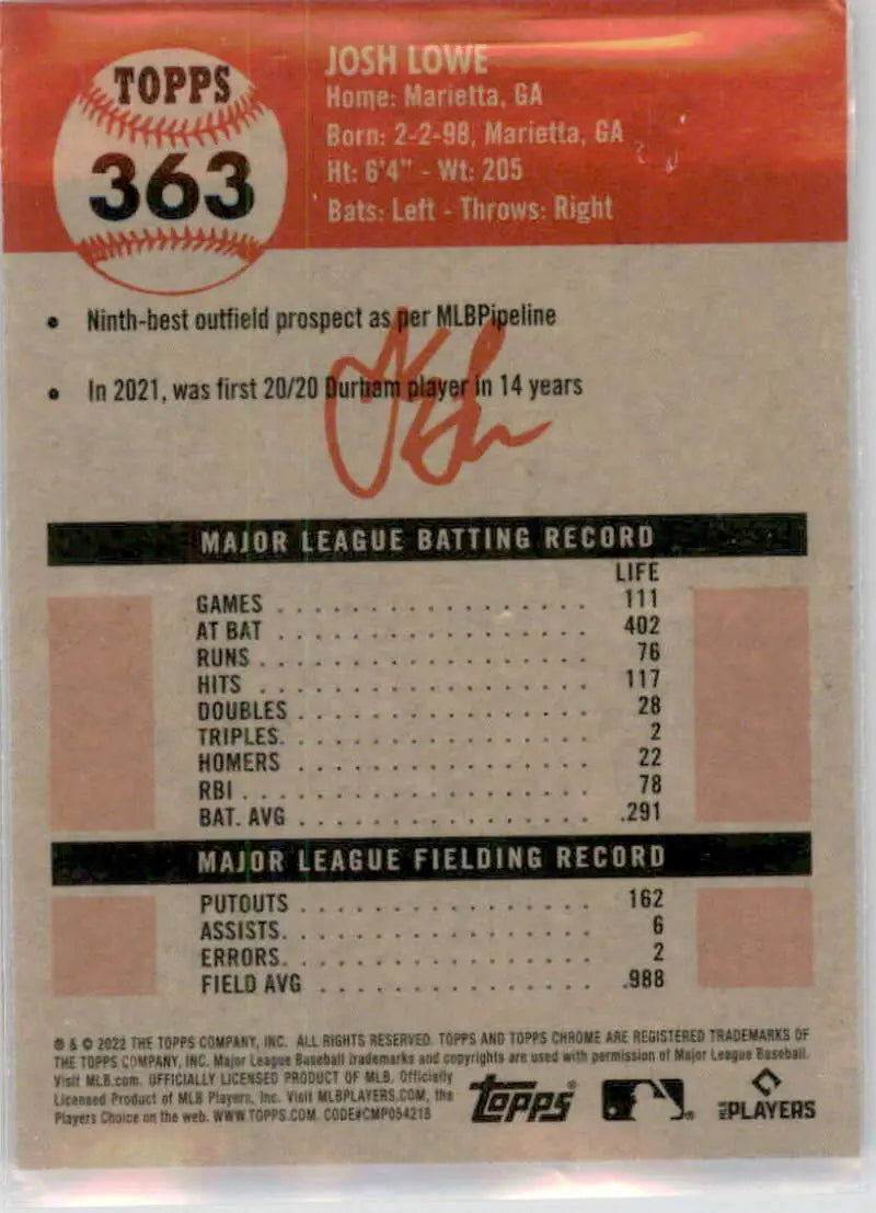 2022 Topps Chrome Platinum Anniversary #363 Josh Lowe EX Excellent RC Rookie Tampa Bay Rays Baseball Card - Baseball