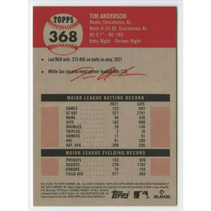 2022 Topps Chrome Platinum Anniversary #368 Tim Anderson NM-MT Chicago White Sox Baseball Card - Baseball Card Single