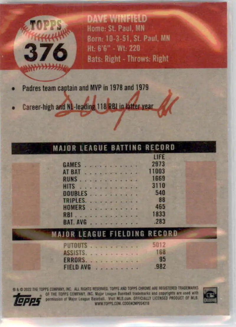 2022 Topps Chrome Platinum Anniversary #376 Dave Winfield EX Excellent San Diego Padres Baseball Card - Baseball Card