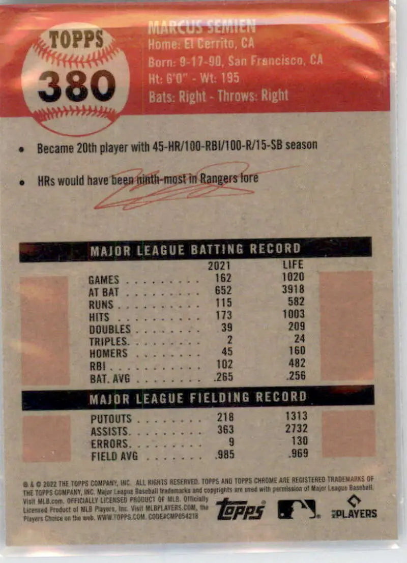 2022 Topps Chrome Platinum Anniversary #380 Marcus Semien EX Excellent Texas Rangers Baseball Card - Baseball Card