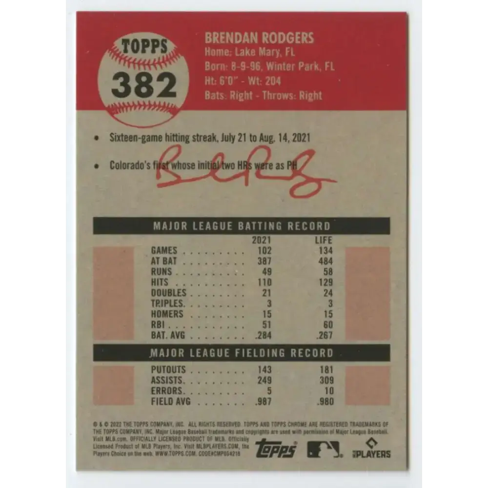2022 Topps Chrome Platinum Anniversary #382 Brendan Rodgers NM-MT Colorado Rockies Baseball Card - Baseball Card Single
