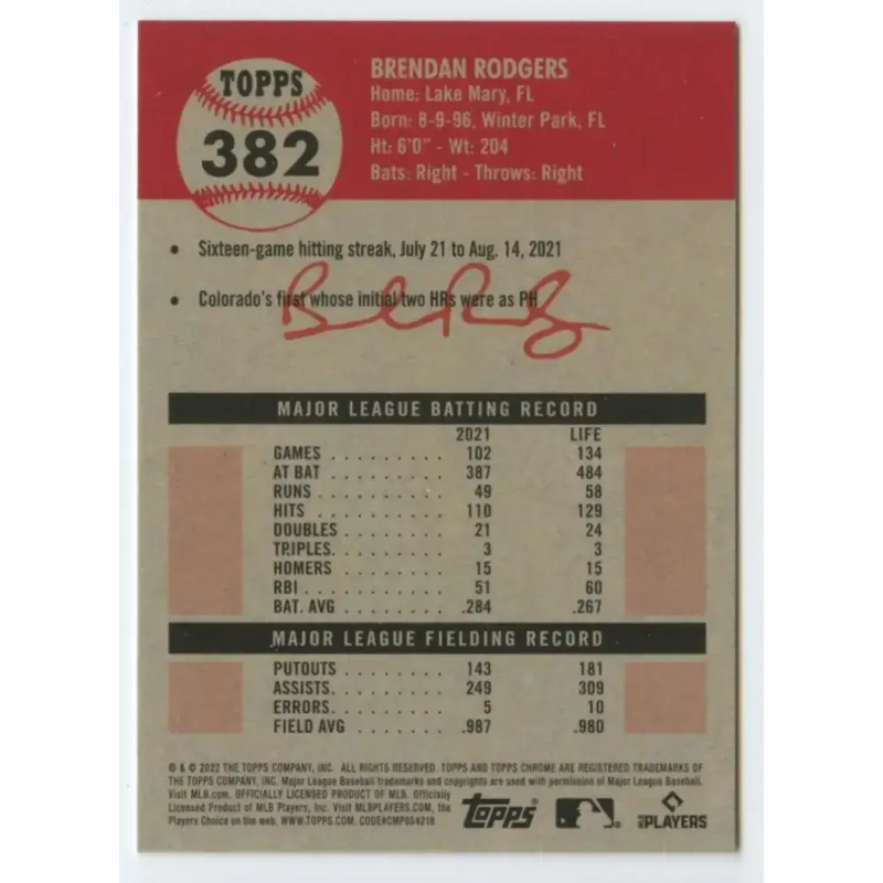 2022 Topps Chrome Platinum Anniversary #382 Brendan Rodgers NM-MT Colorado Rockies Baseball Card - Baseball Card Single