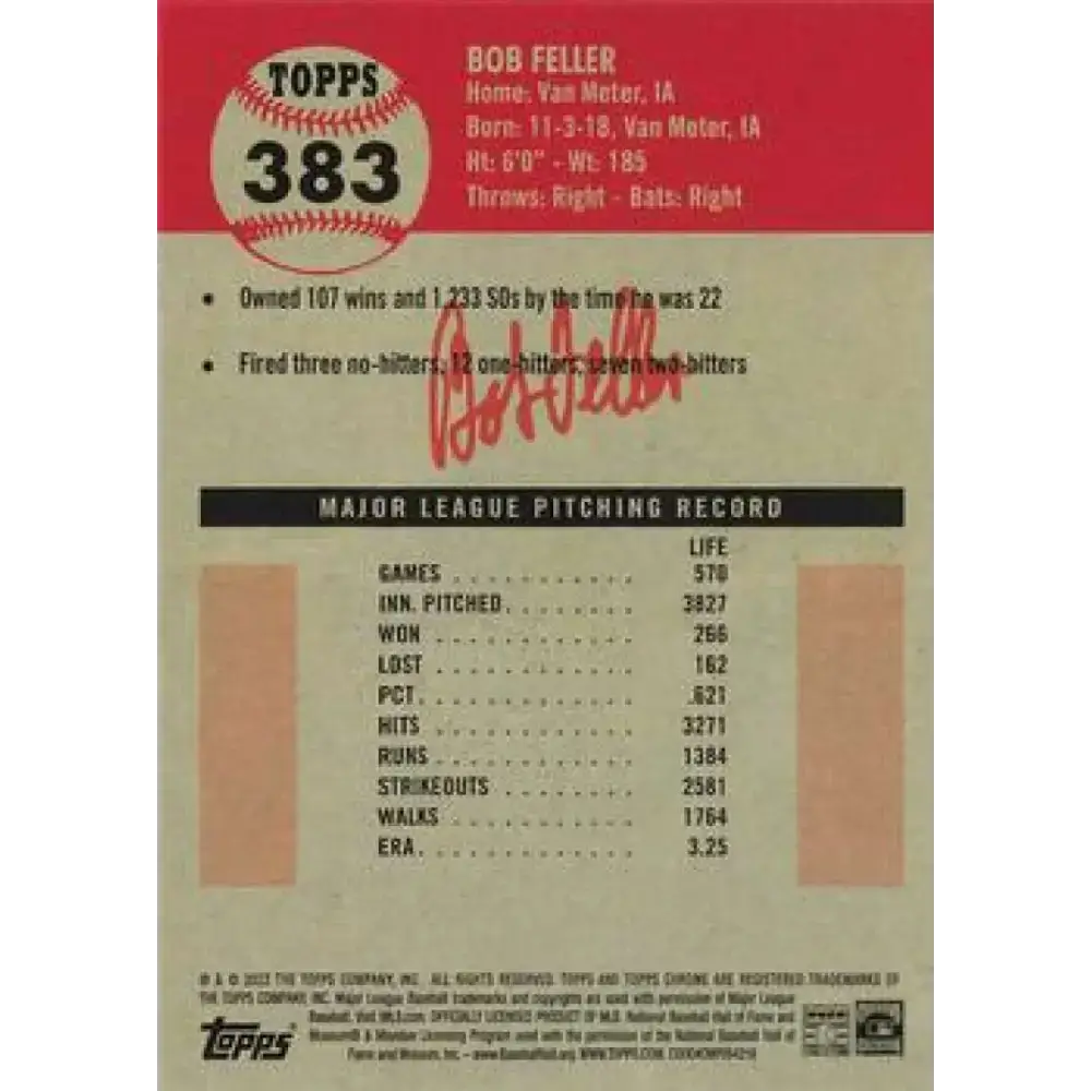 2022 Topps Chrome Platinum Anniversary #383 Bob Feller NM-MT Cleveland Baseball Card - Baseball Card Single