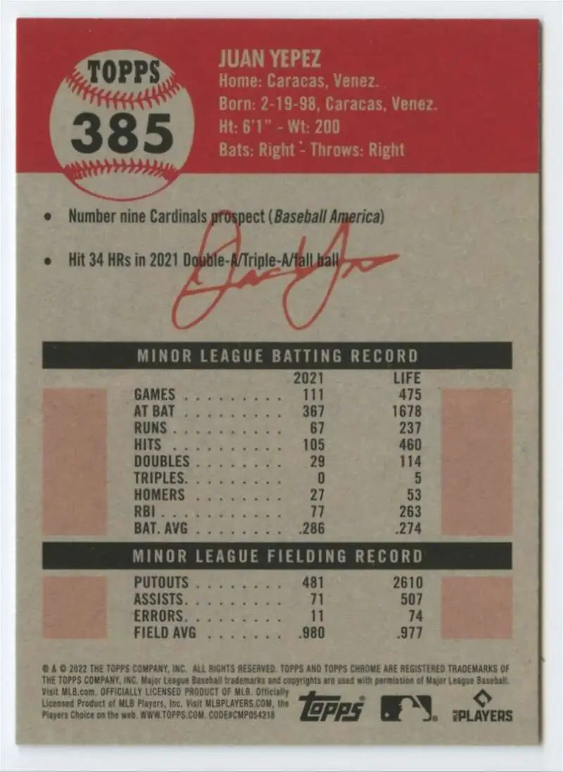 2022 Topps Chrome Platinum Anniversary #385 Juan Yepez EX Excellent RC Rookie St. Louis Cardinals Baseball Card