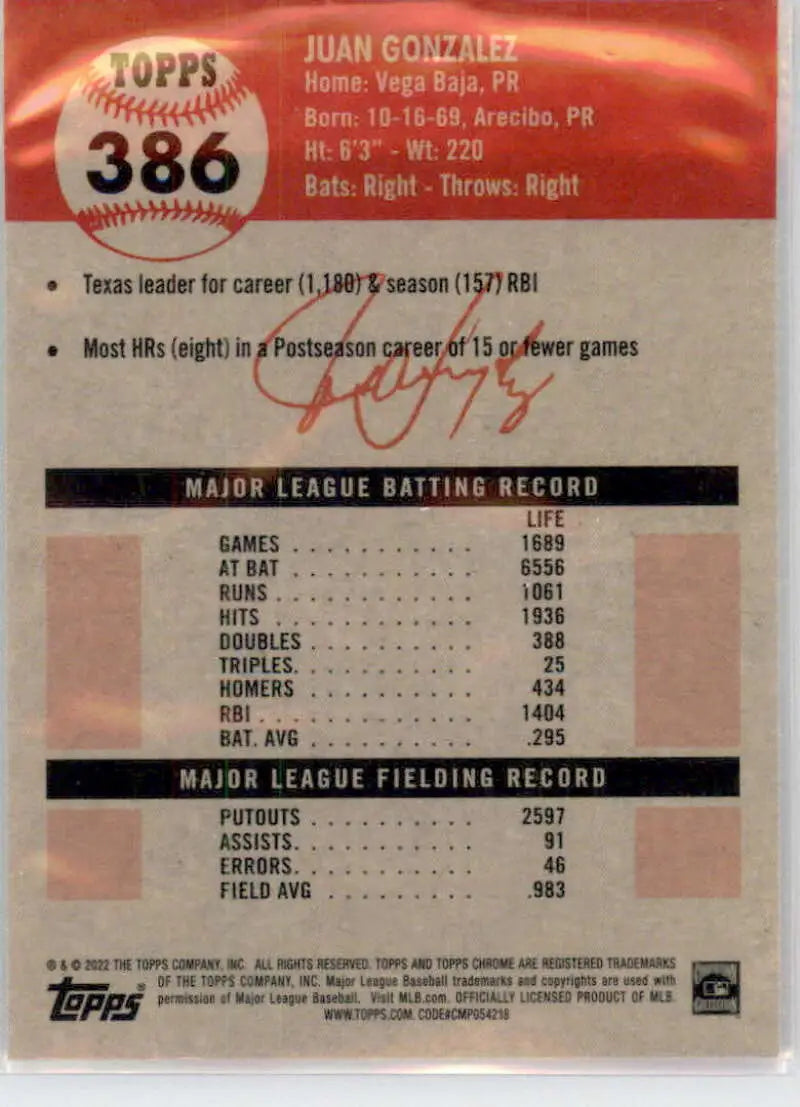 2022 Topps Chrome Platinum Anniversary #386 Juan Gonzalez EX Excellent Texas Rangers Baseball Card - Baseball Card