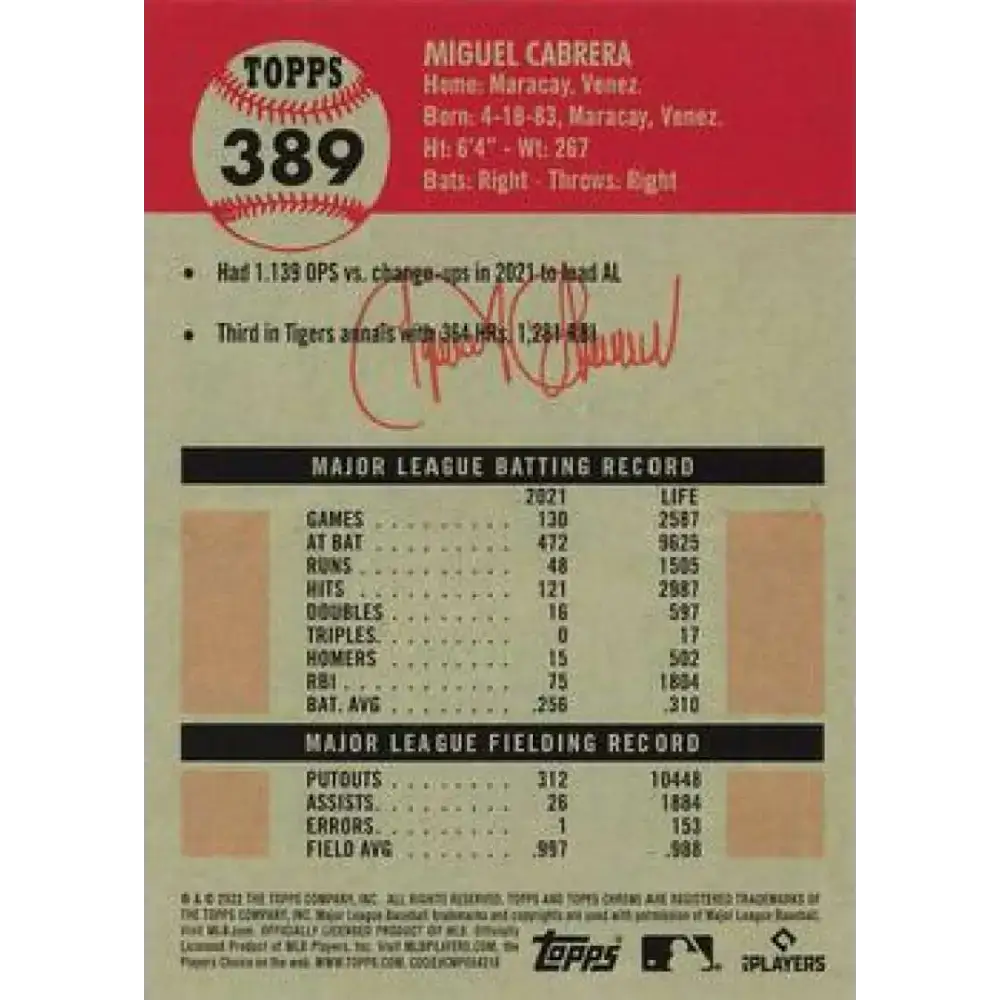 2022 Topps Chrome Platinum Anniversary #389 Miguel Cabrera NM-MT Detroit Tigers Baseball Card - Baseball Card Single