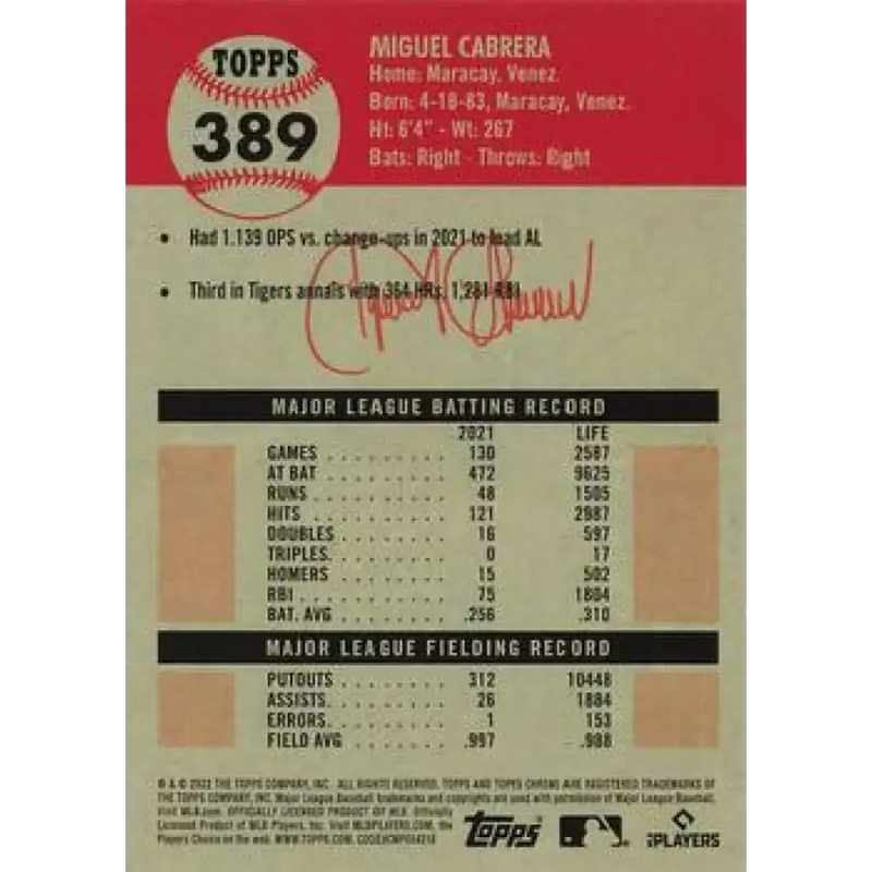 2022 Topps Chrome Platinum Anniversary #389 Miguel Cabrera NM-MT Detroit Tigers Baseball Card - Baseball Card Single