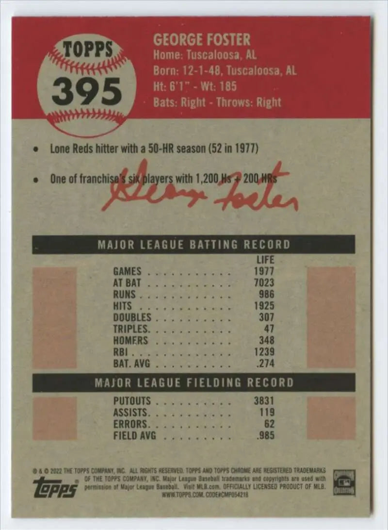2022 Topps Chrome Platinum Anniversary #395 George Foster EX Excellent Cincinnati Reds Baseball Card - Baseball Card