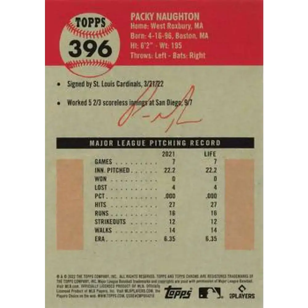 2022 Topps Chrome Platinum Anniversary #396 Packy Naughton NM-MT RC Rookie St. Louis Cardinals Baseball Card - Baseball