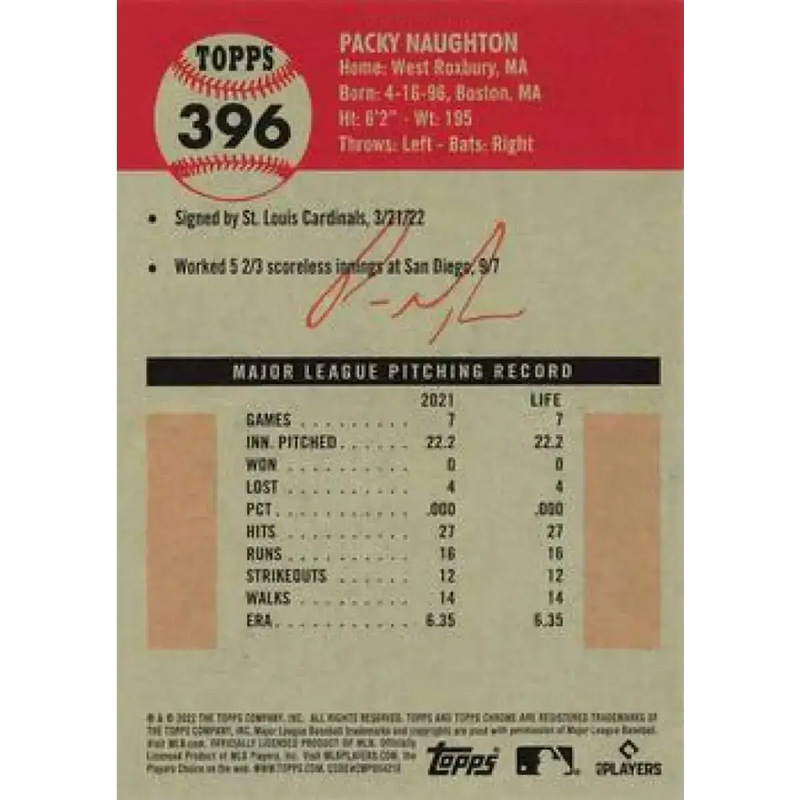 2022 Topps Chrome Platinum Anniversary #396 Packy Naughton NM-MT RC Rookie St. Louis Cardinals Baseball Card - Baseball