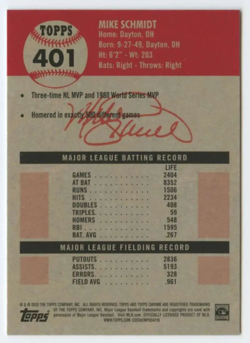2022 Topps Chrome Platinum Anniversary #401 Mike Schmidt EX Excellent Philadelphia Phillies Baseball Card - Baseball