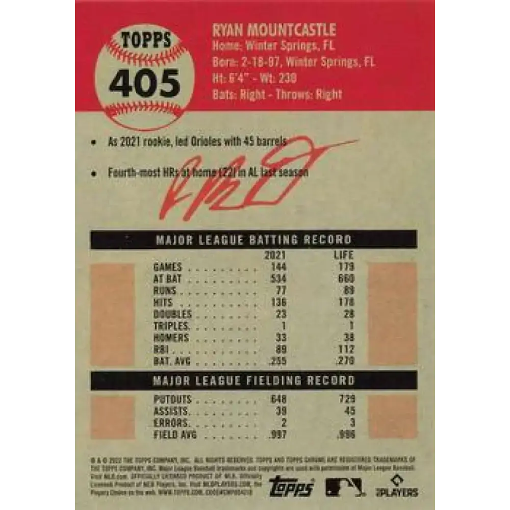 2022 Topps Chrome Platinum Anniversary #405 Ryan Mountcastle NM-MT Baltimore Orioles Baseball Card - Baseball Card