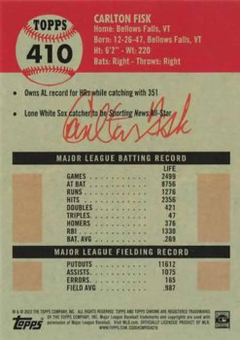 2022 Topps Chrome Platinum Anniversary #410 Carlton Fisk EX Excellent Chicago White Sox Baseball Card - Baseball Card