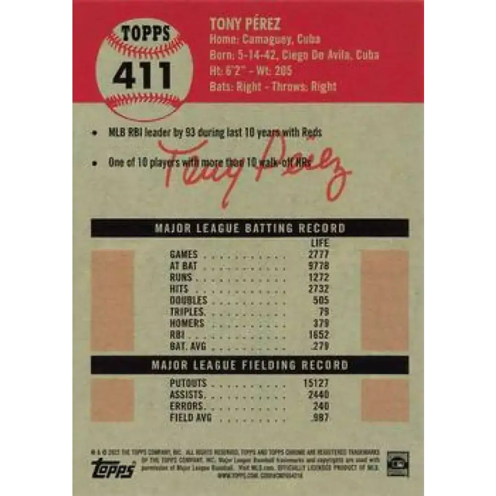 2022 Topps Chrome Platinum Anniversary #411 Tony Perez NM-MT Cincinnati Reds Baseball Card - Baseball Card Single