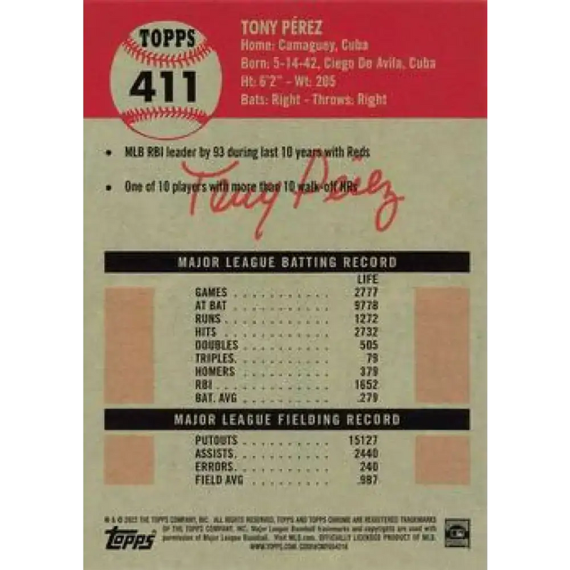 2022 Topps Chrome Platinum Anniversary #411 Tony Perez NM-MT Cincinnati Reds Baseball Card - Baseball Card Single