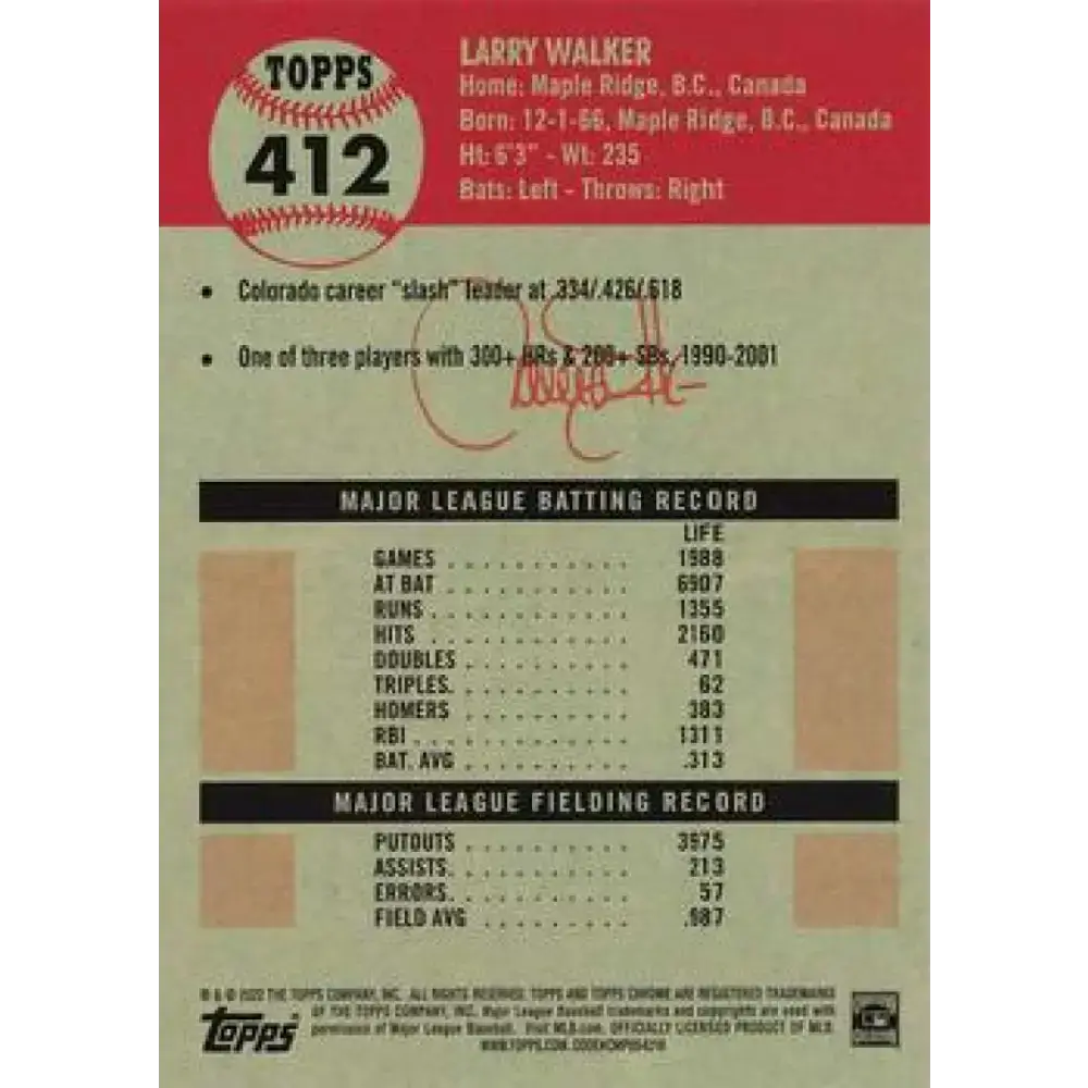 2022 Topps Chrome Platinum Anniversary #412 Larry Walker NM-MT Colorado Rockies Baseball Card - Baseball Card Single