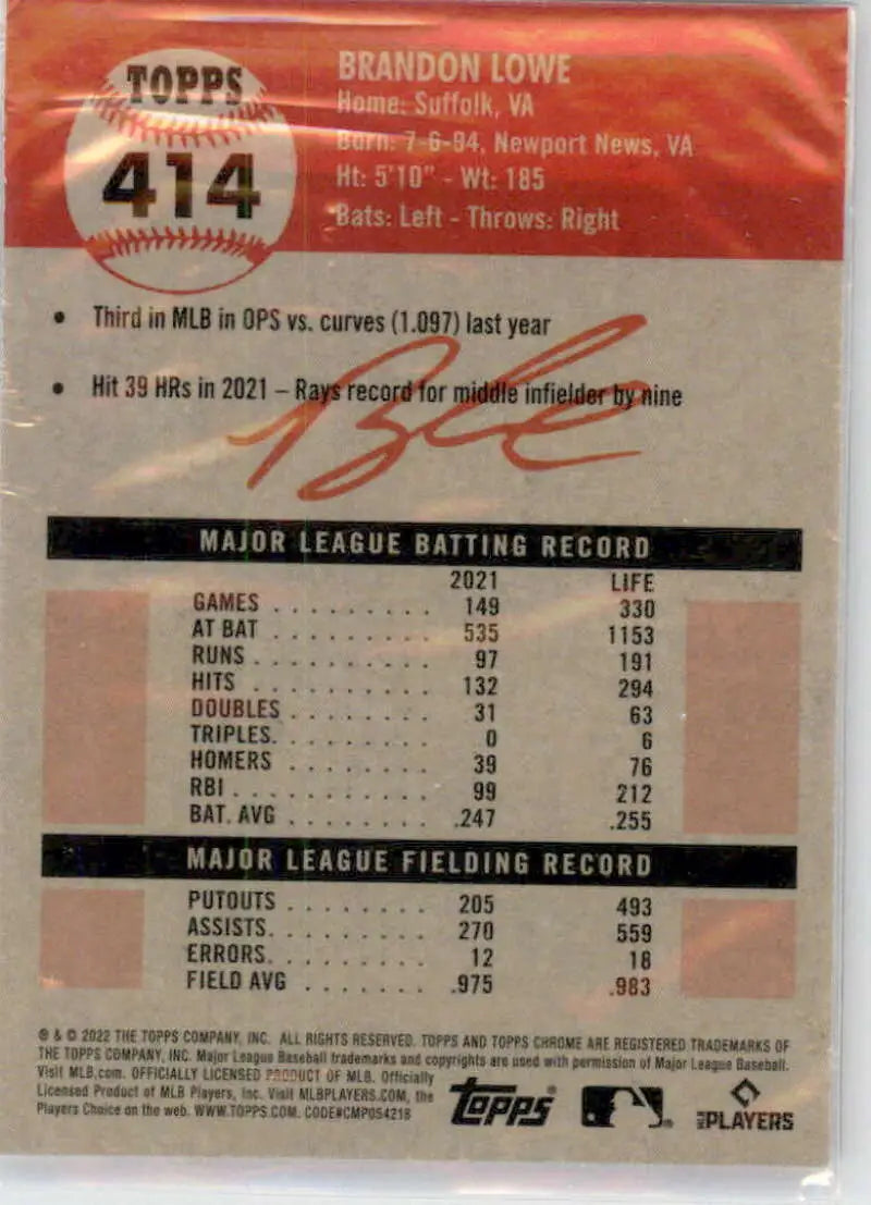 2022 Topps Chrome Platinum Anniversary #414 Brandon Lowe EX Excellent Tampa Bay Rays Baseball Card - Baseball Card