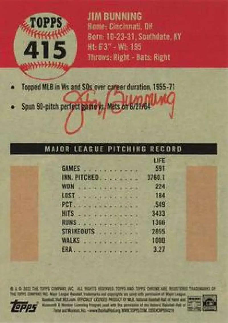 2022 Topps Chrome Platinum Anniversary #415 Jim Bunning EX Excellent Philadelphia Phillies Baseball Card - Baseball