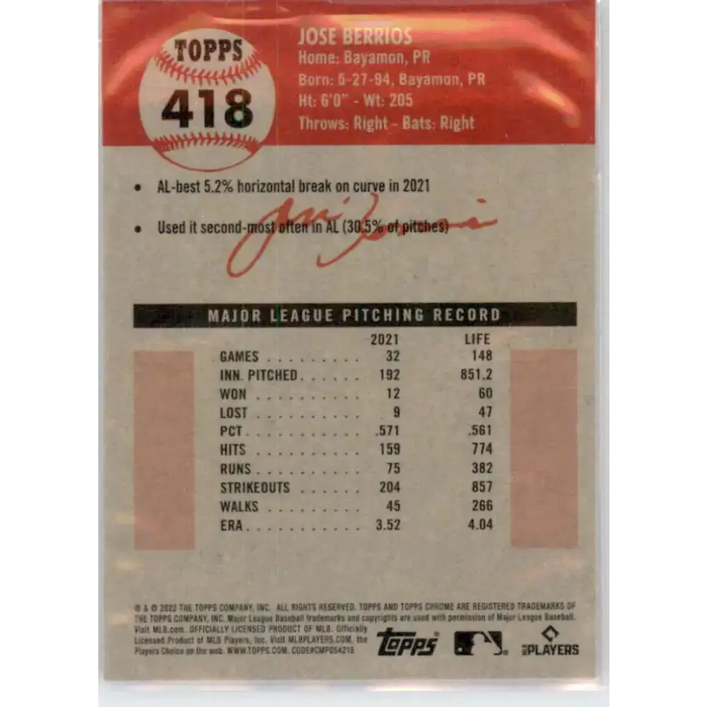 2022 Topps Chrome Platinum Anniversary #418 Jose Berrios NM-MT Toronto Blue Jays Baseball Card - Baseball Card Single