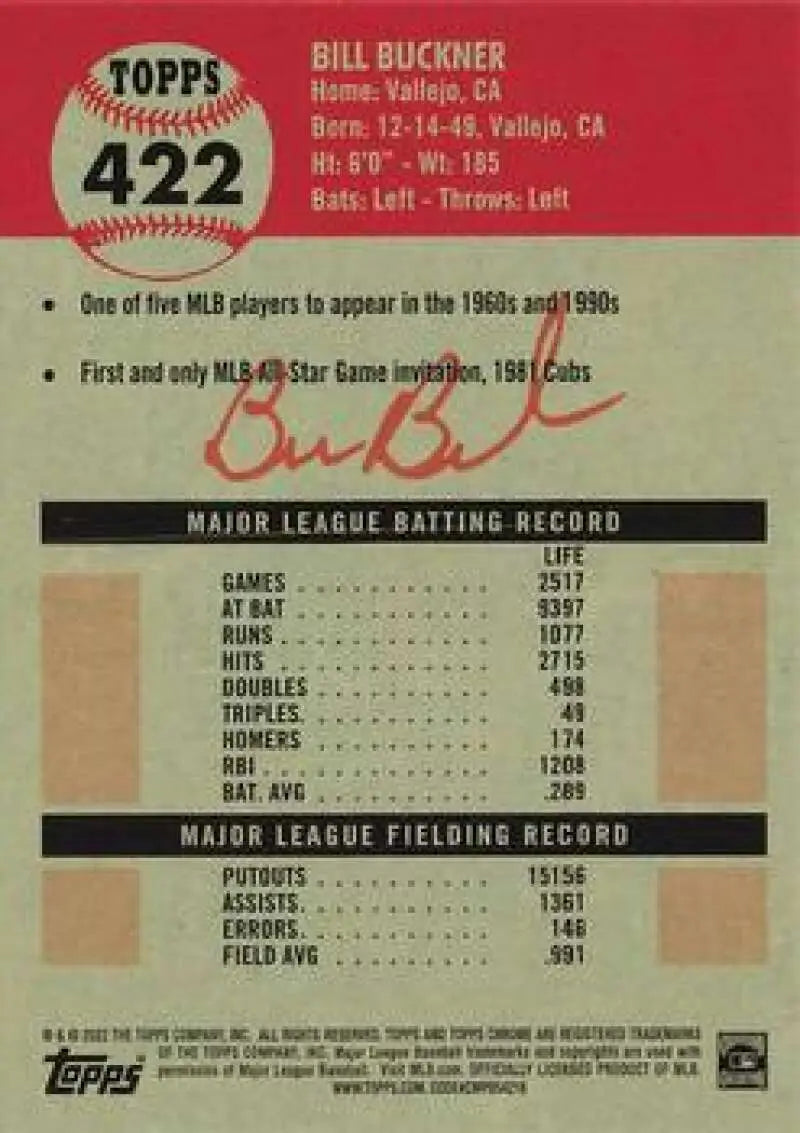 2022 Topps Chrome Platinum Anniversary #422 Bill Buckner EX Excellent Chicago Cubs Baseball Card - Baseball Card Single