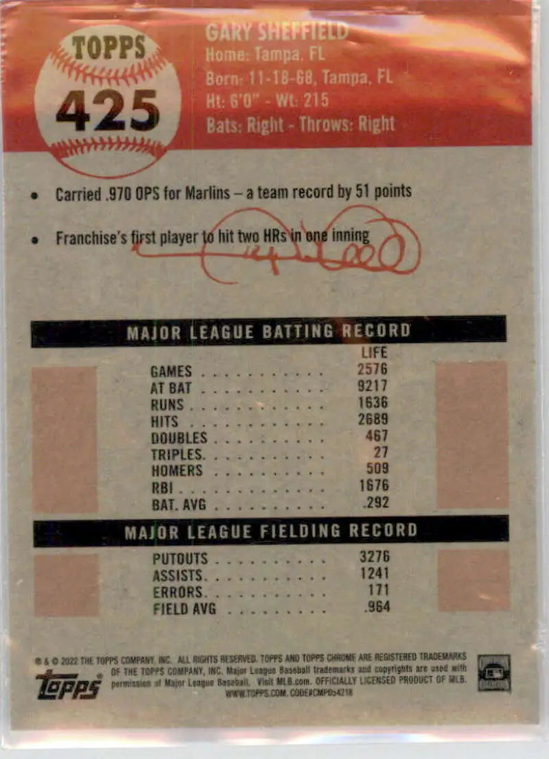 2022 Topps Chrome Platinum Anniversary #425 Gary Sheffield EX Excellent Florida Marlins Baseball Card - Baseball Card