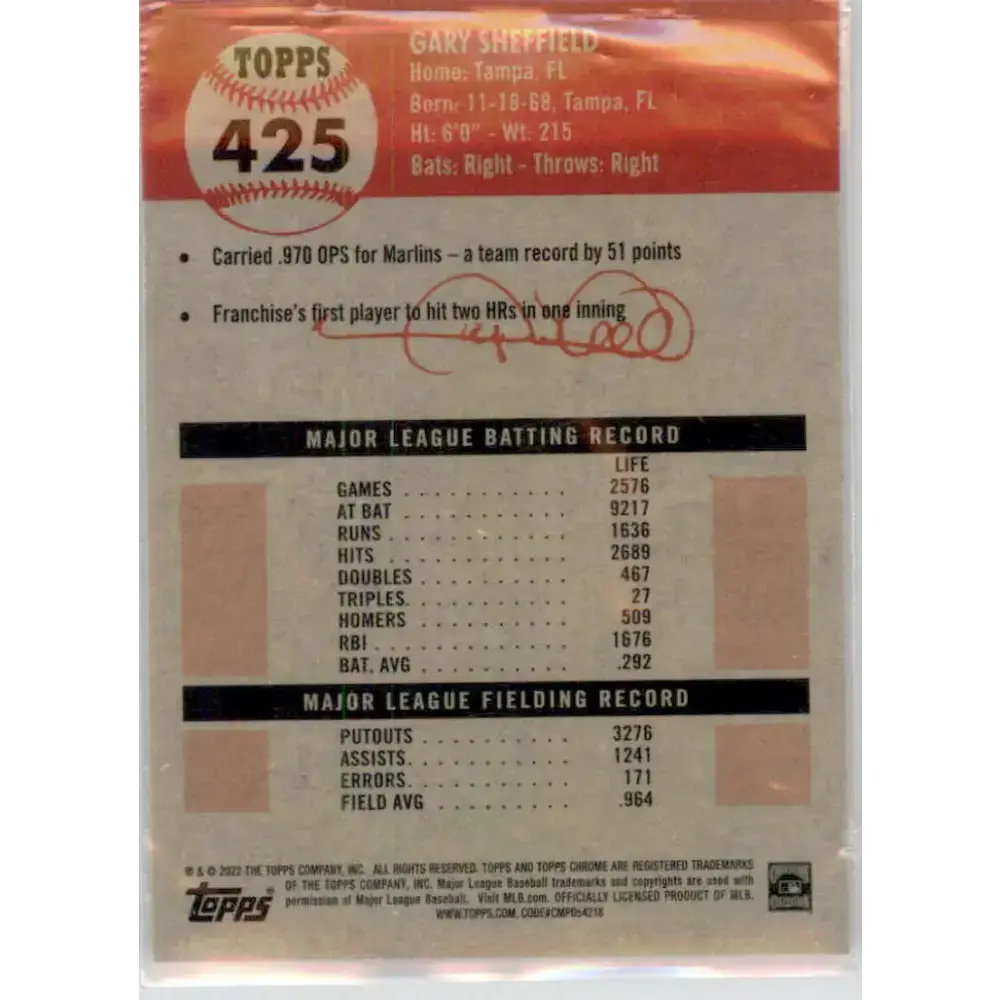 2022 Topps Chrome Platinum Anniversary #425 Gary Sheffield NM-MT Florida Marlins Baseball Card - Baseball Card Single