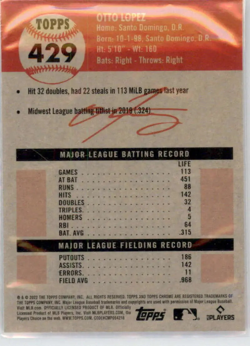 2022 Topps Chrome Platinum Anniversary #429 Otto Lopez EX Excellent RC Rookie Toronto Blue Jays Baseball Card