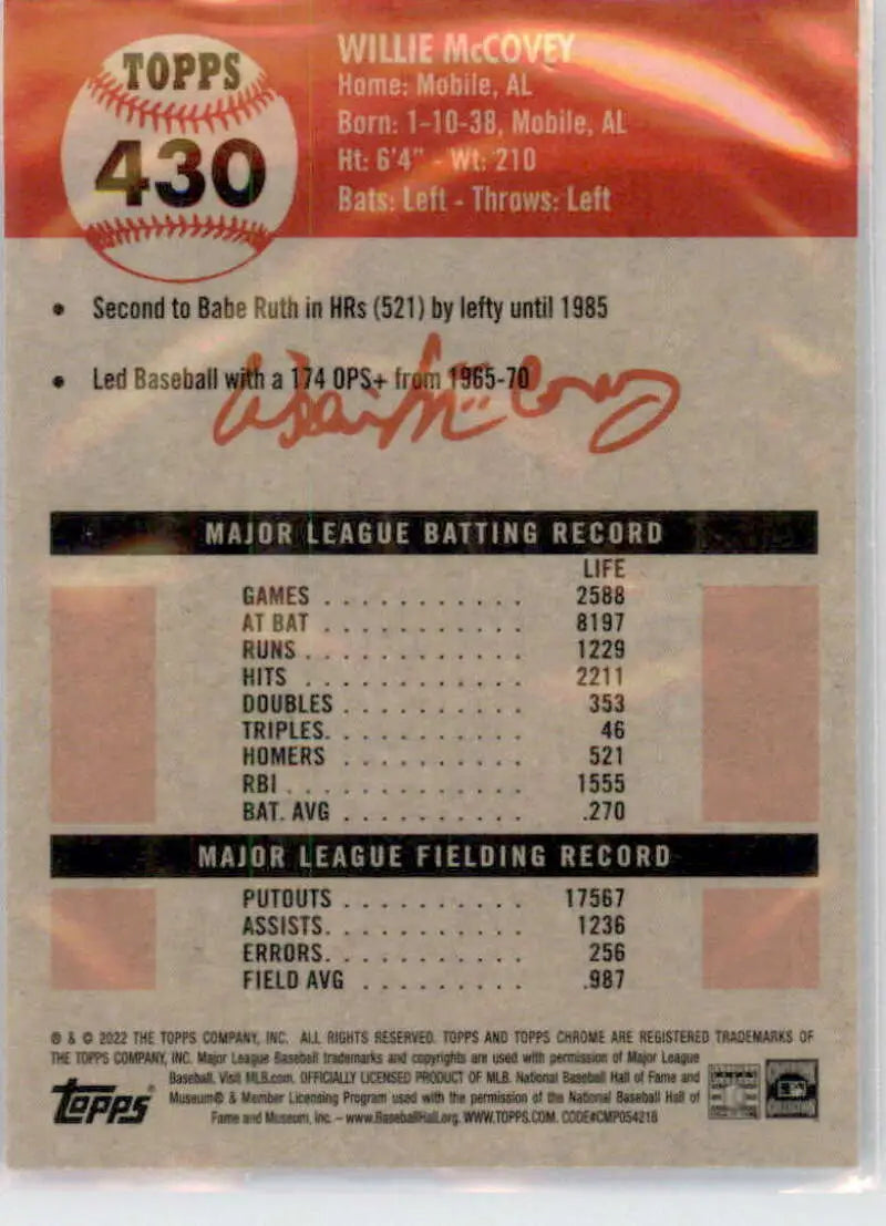 2022 Topps Chrome Platinum Anniversary #430 Willie McCovey EX Excellent San Francisco Giants Baseball Card - Baseball