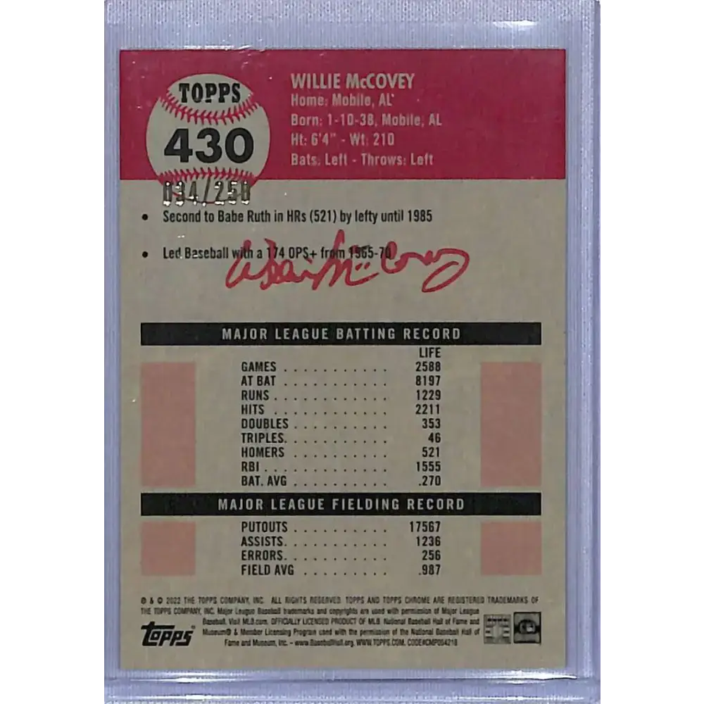 2022 Topps Chrome Platinum Anniversary #430 Willie McCovey Yellow RayWave Refractor #/250 NM-MT Baseball Card