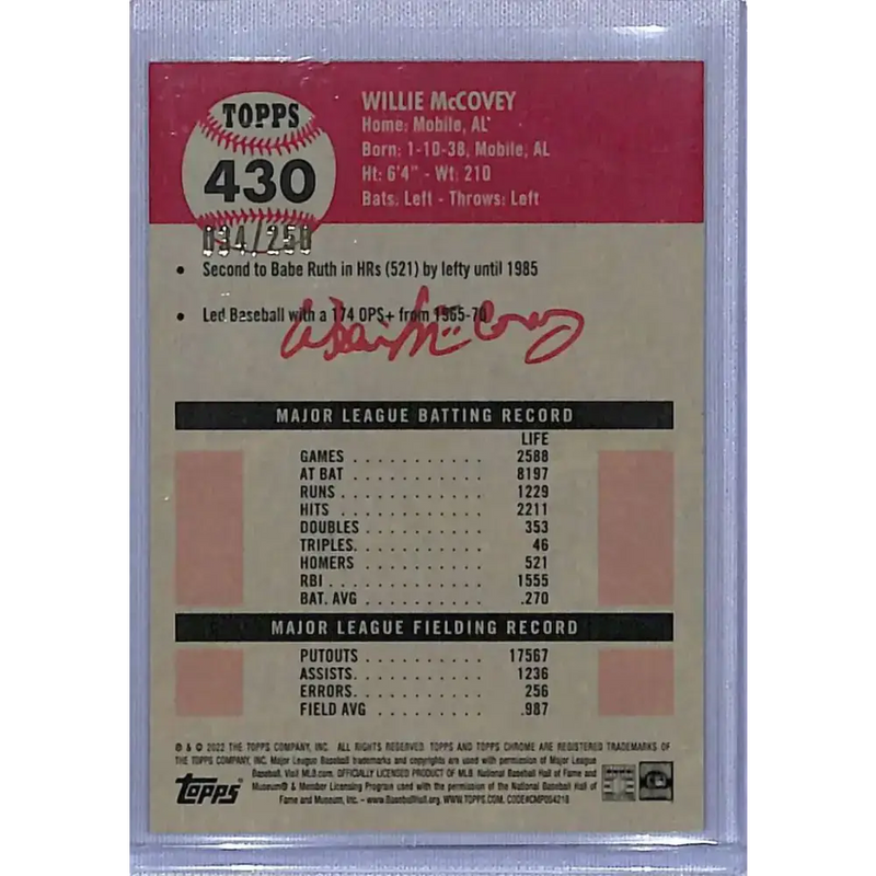 2022 Topps Chrome Platinum Anniversary #430 Willie McCovey Yellow RayWave Refractor #/250 NM-MT Baseball Card
