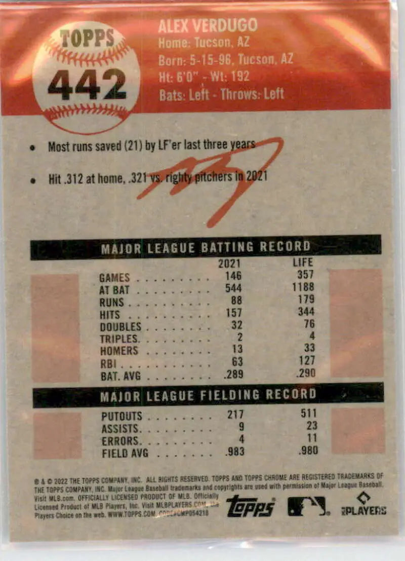 2022 Topps Chrome Platinum Anniversary #442 Alex Verdugo EX Excellent Boston Red Sox Baseball Card - Baseball Card