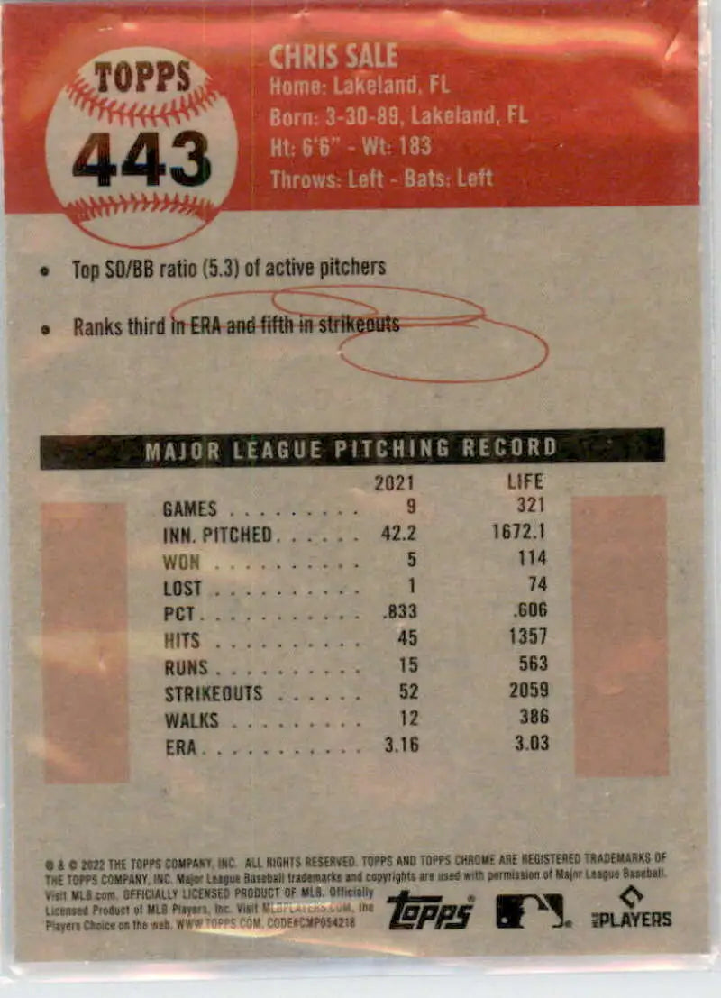 2022 Topps Chrome Platinum Anniversary #443 Chris Sale EX Excellent Boston Red Sox Baseball Card - Baseball Card Single