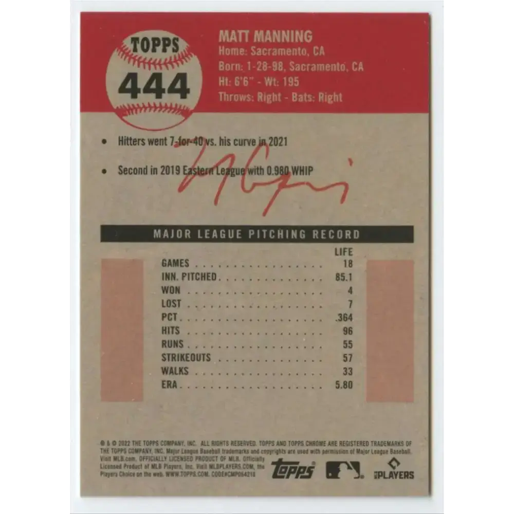 2022 Topps Chrome Platinum Anniversary #444 Matt Manning NM-MT RC Rookie Detroit Tigers Baseball Card - Baseball Card