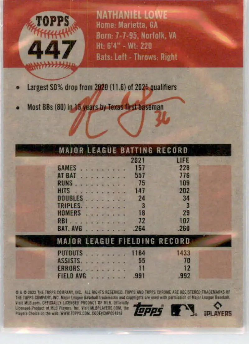2022 Topps Chrome Platinum Anniversary #447 Nathaniel Lowe EX Excellent Texas Rangers Baseball Card - Baseball Card