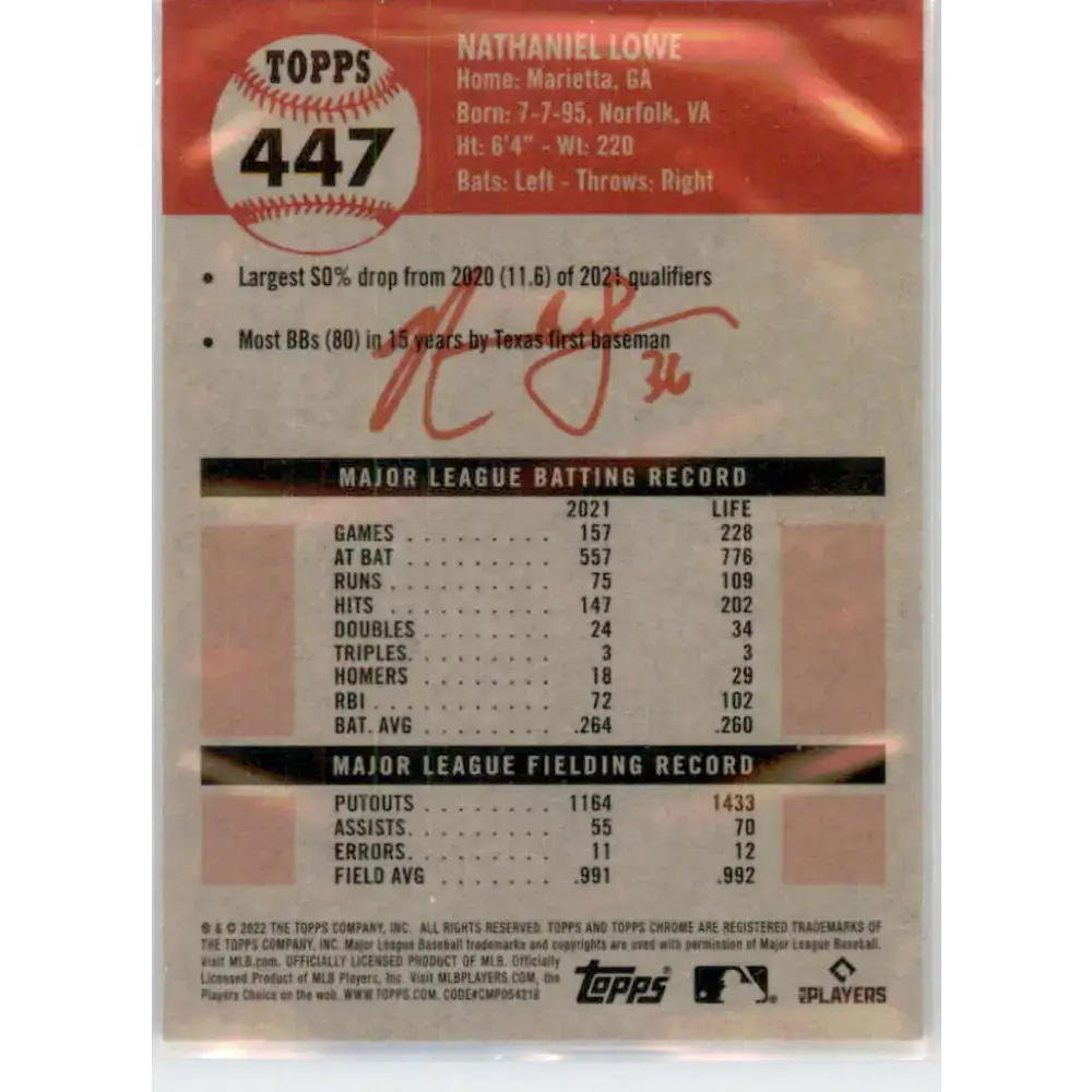 2022 Topps Chrome Platinum Anniversary #447 Nathaniel Lowe NM-MT Texas Rangers Baseball Card - Baseball Card Single