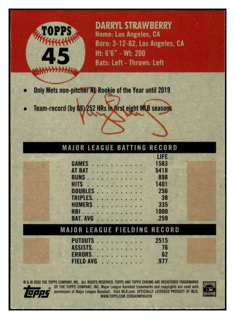 2022 Topps Chrome Platinum Anniversary #45 Strawberry EX Excellent New York Mets Baseball Card - Baseball Card Single