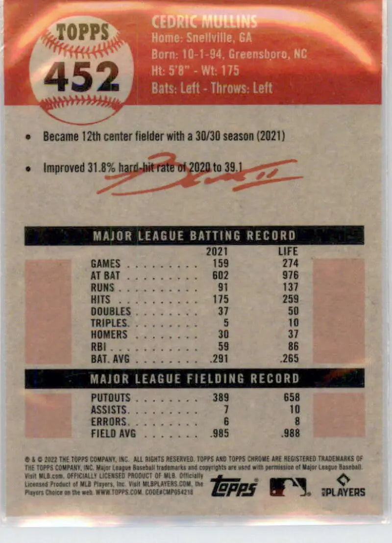2022 Topps Chrome Platinum Anniversary #452 Cedric Mullins EX Excellent Baltimore Orioles Baseball Card - Baseball Card