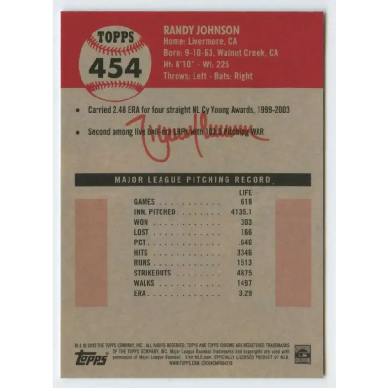 2022 Topps Chrome Platinum Anniversary #454 Randy Johnson NM-MT Arizona Diamondbacks Baseball Card - Baseball Card