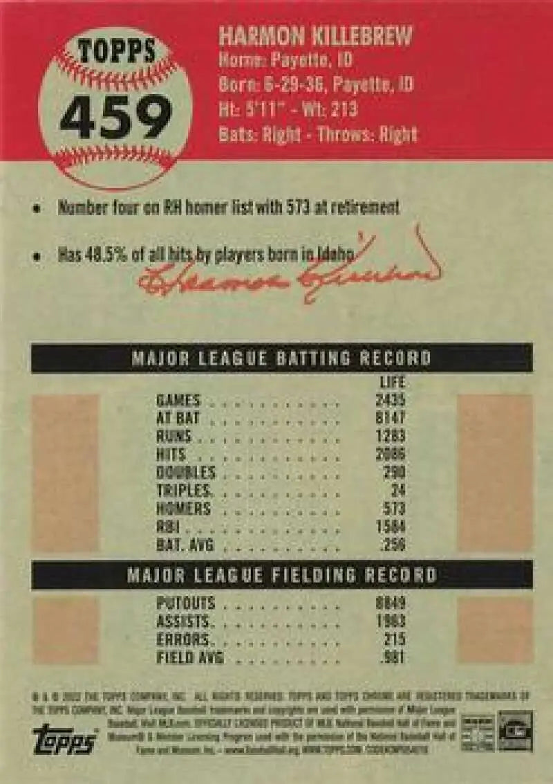 2022 Topps Chrome Platinum Anniversary #459 Harmon Killebrew EX Excellent Minnesota Twins Baseball Card - Baseball Card
