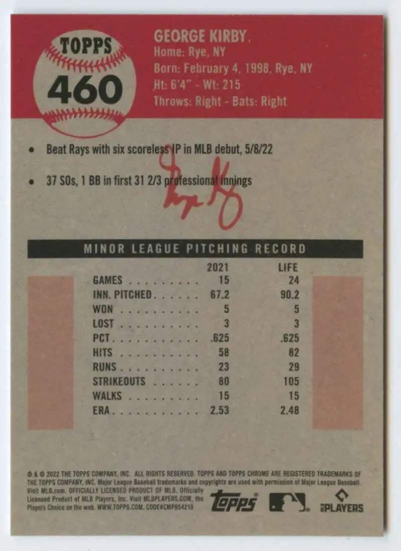 2022 Topps Chrome Platinum Anniversary #460 George Kirby EX Excellent RC Rookie Seattle Mariners Baseball Card