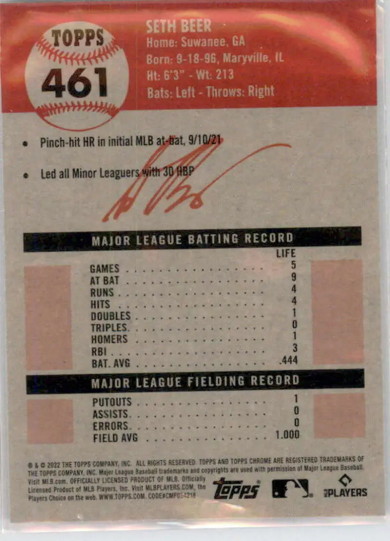 2022 Topps Chrome Platinum Anniversary #461 Seth Beer EX Excellent RC Rookie Arizona Diamondbacks Baseball Card