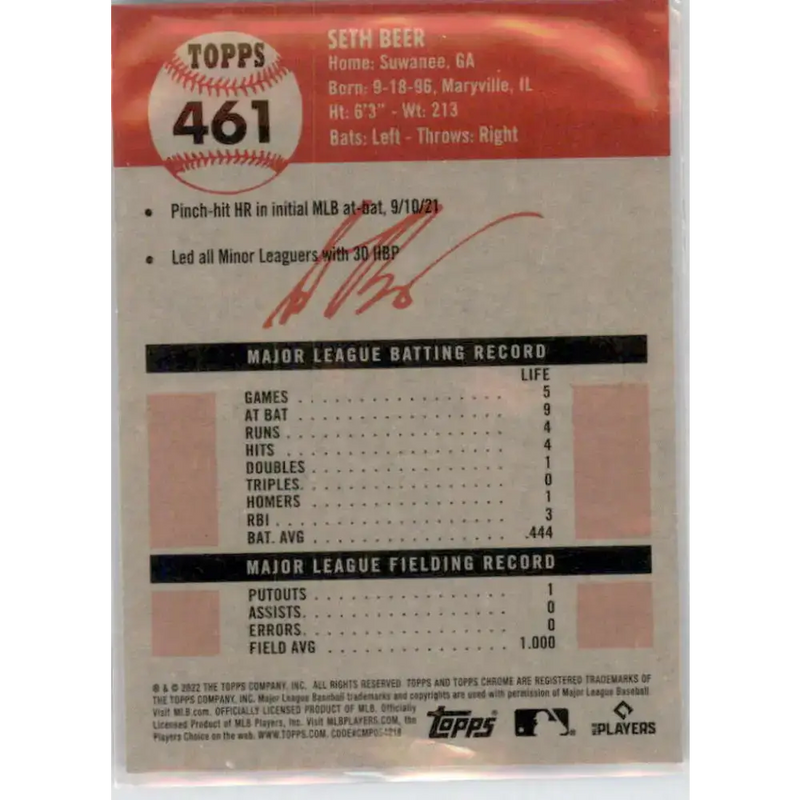 2022 Topps Chrome Platinum Anniversary #461 Seth Beer NM-MT RC Rookie Arizona Diamondbacks Baseball Card - Baseball