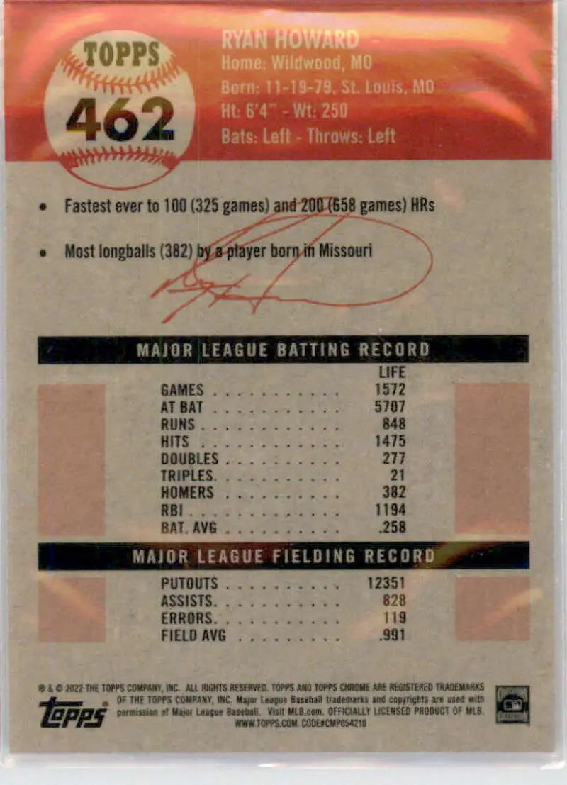 2022 Topps Chrome Platinum Anniversary #462 Ryan Howard EX Excellent Philadelphia Phillies Baseball Card - Baseball