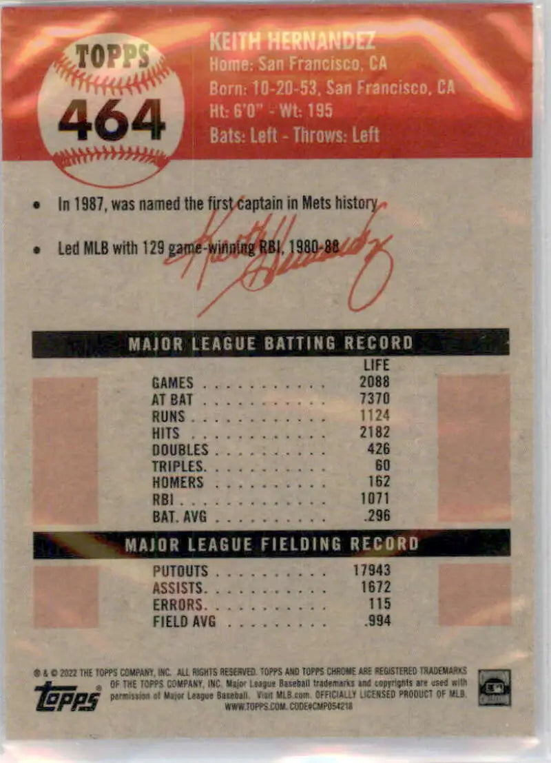2022 Topps Chrome Platinum Anniversary #464 Keith Hernandez EX Excellent New York Mets Baseball Card - Baseball Card