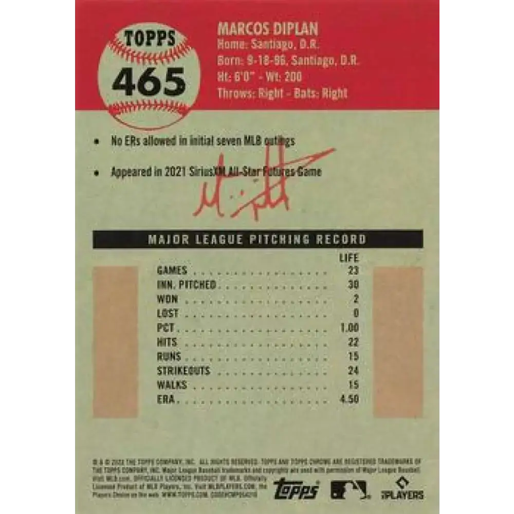 2022 Topps Chrome Platinum Anniversary #465 Marcos Diplan NM-MT RC Rookie Baltimore Orioles Baseball Card - Baseball