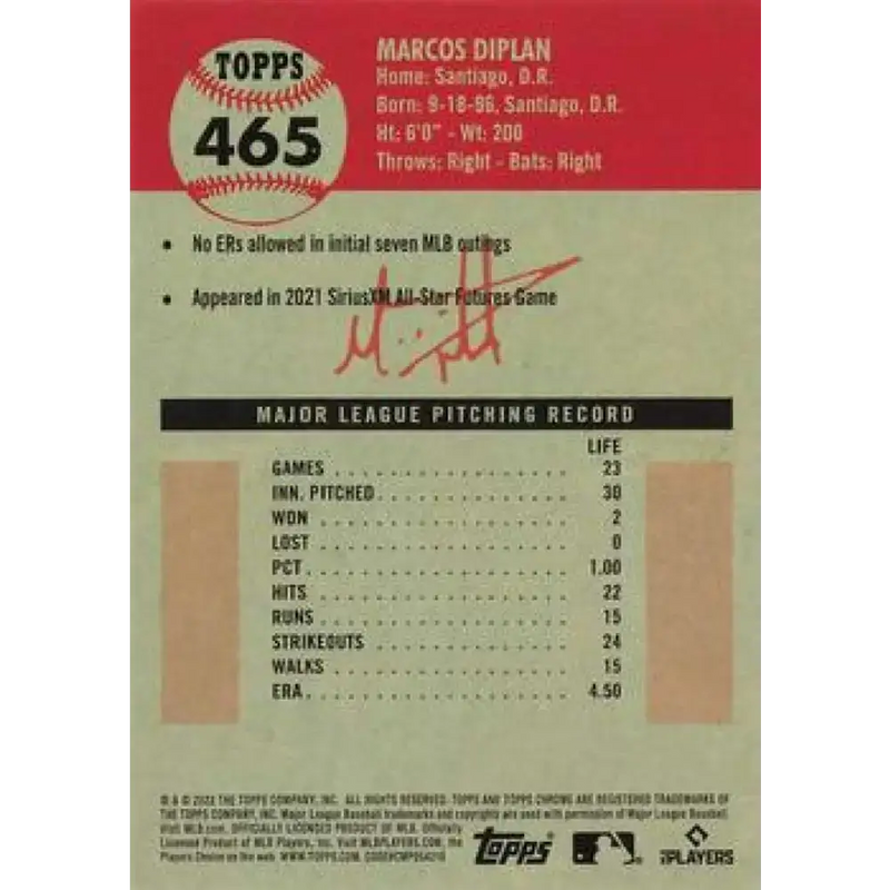 2022 Topps Chrome Platinum Anniversary #465 Marcos Diplan NM-MT RC Rookie Baltimore Orioles Baseball Card - Baseball