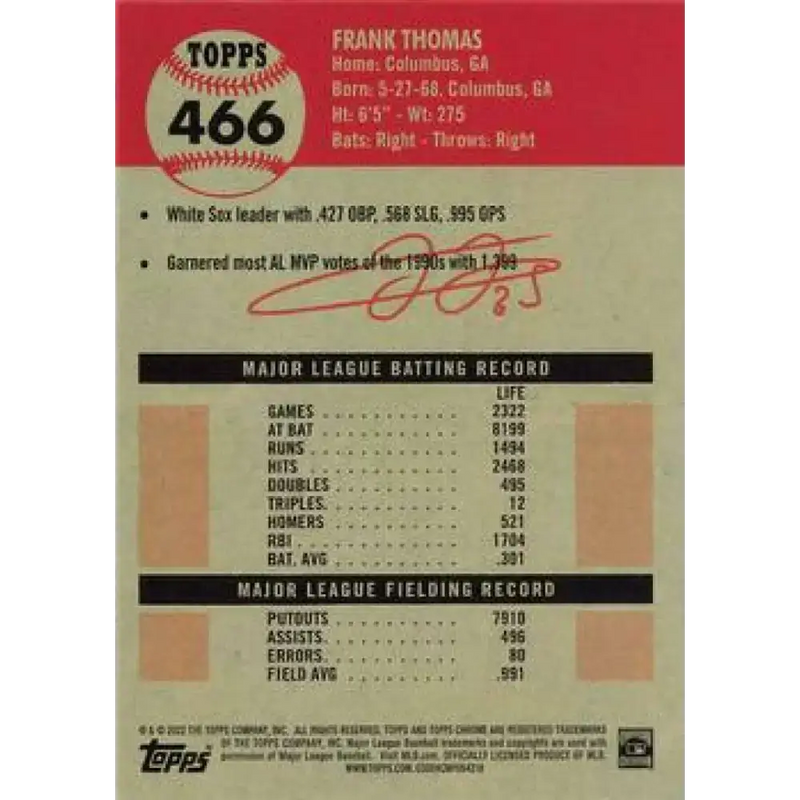 2022 Topps Chrome Platinum Anniversary #466 Frank Thomas NM-MT Chicago White Sox Baseball Card - Baseball Card Single
