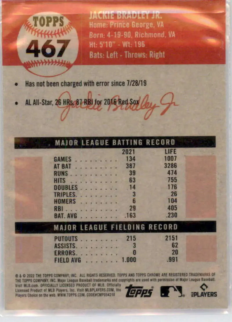 2022 Topps Chrome Platinum Anniversary #467 Jackie Bradley Jr. EX Excellent Boston Red Sox Baseball Card - Baseball