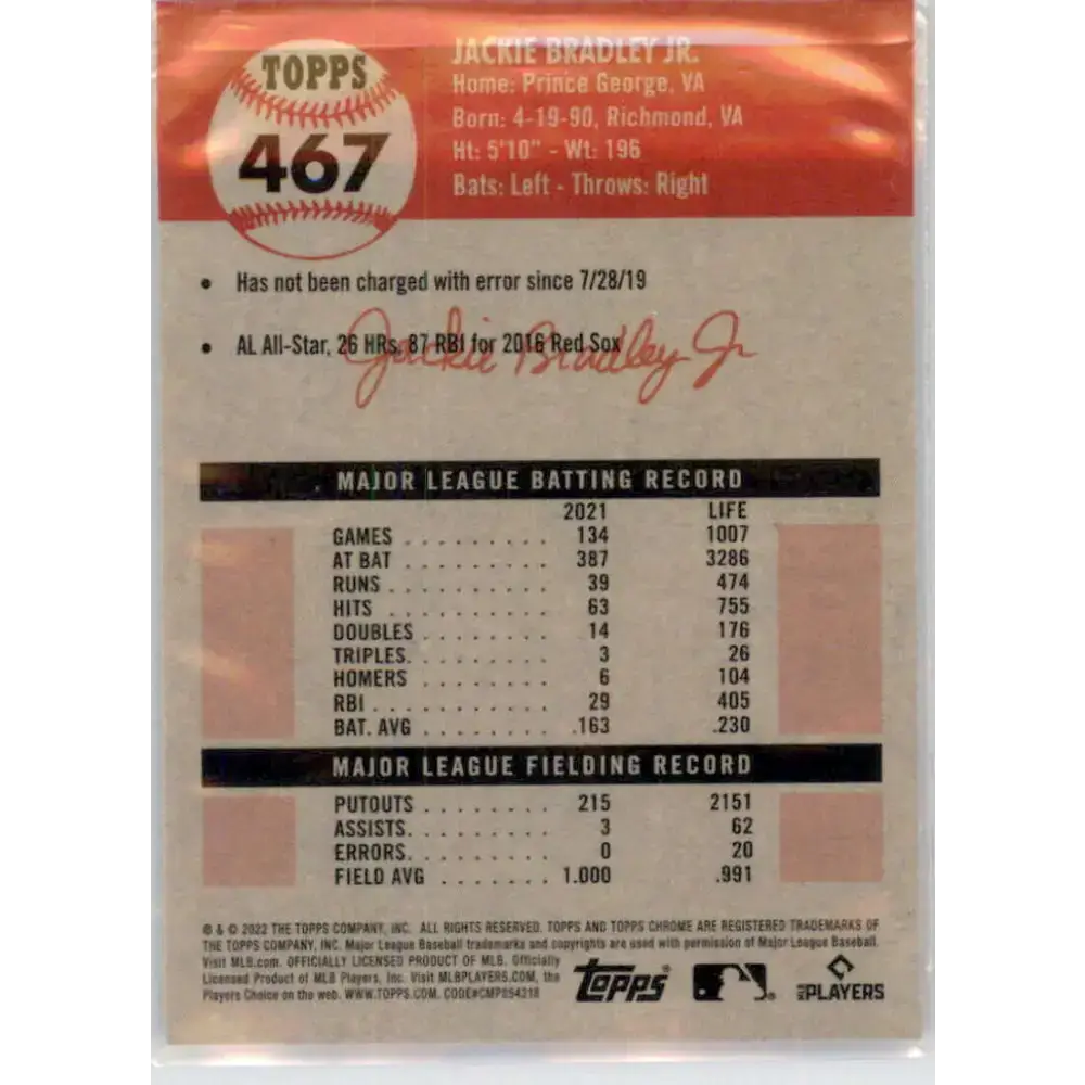 2022 Topps Chrome Platinum Anniversary #467 Jackie Bradley Jr. NM-MT Boston Red Sox Baseball Card - Baseball Card Single
