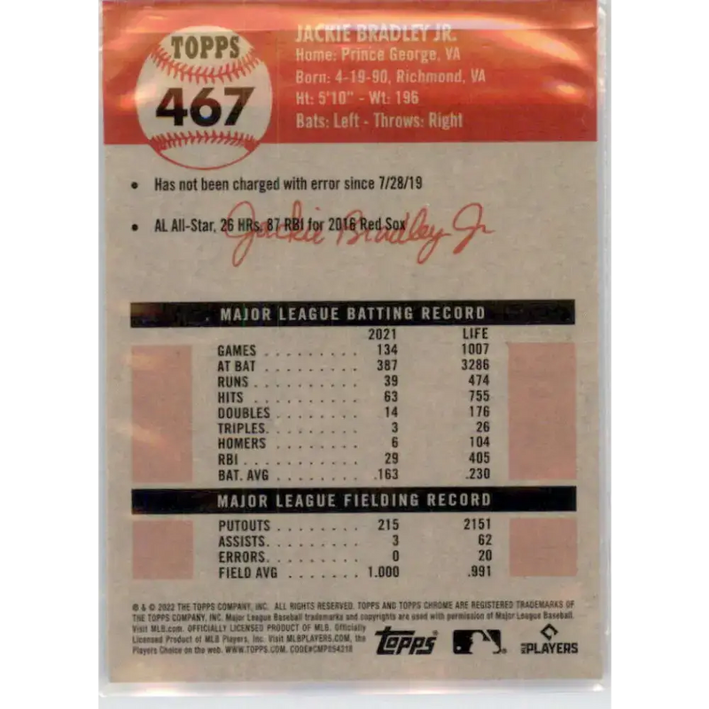 2022 Topps Chrome Platinum Anniversary #467 Jackie Bradley Jr. NM-MT Boston Red Sox Baseball Card - Baseball Card Single
